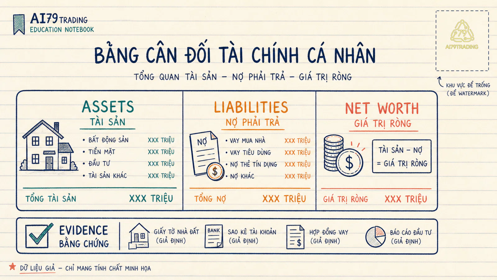 Thẻ balance sheet có net worth và evidence