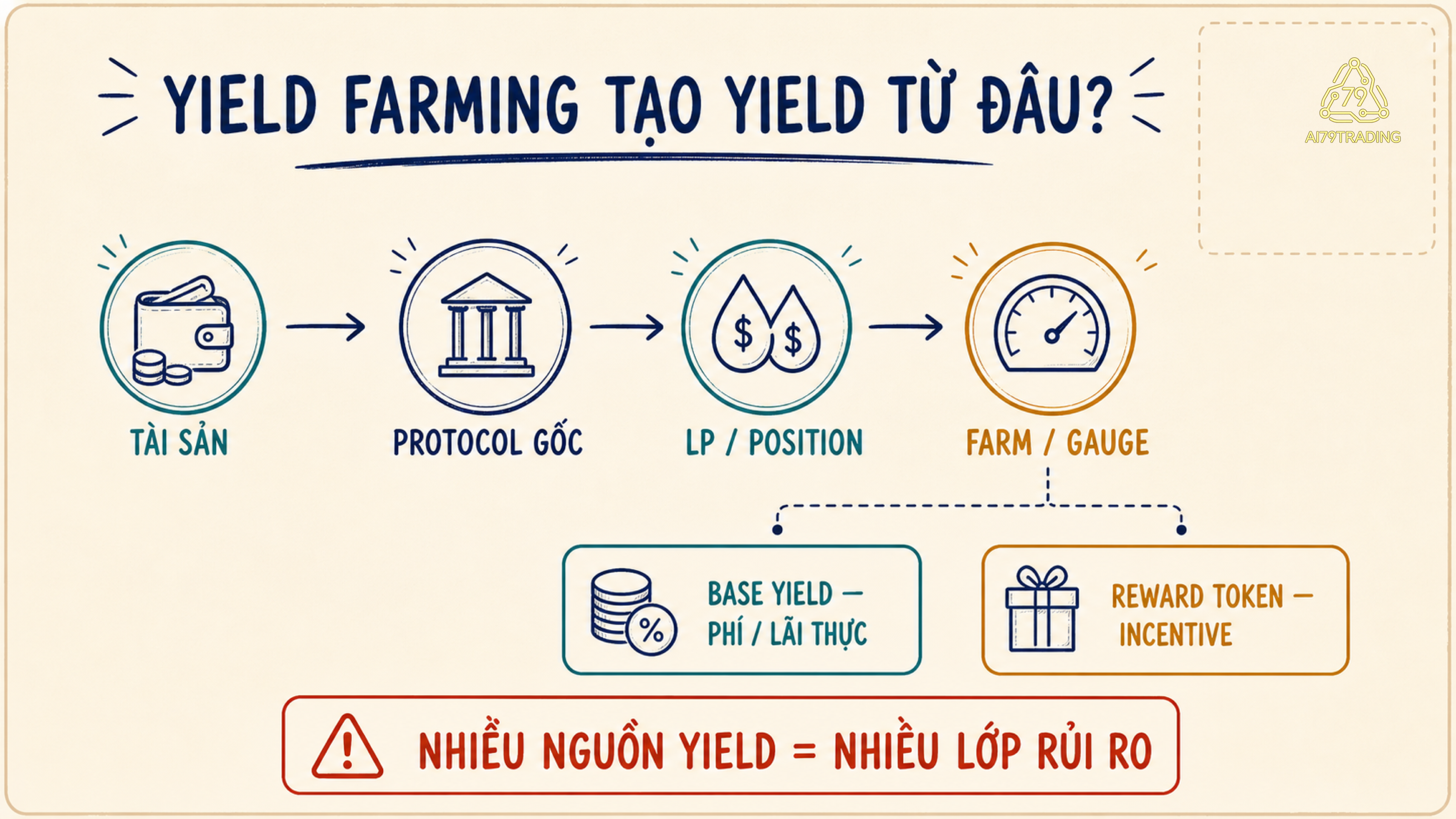 Sơ đồ tài sản đi qua protocol gốc và farm để tạo base yield cùng reward token